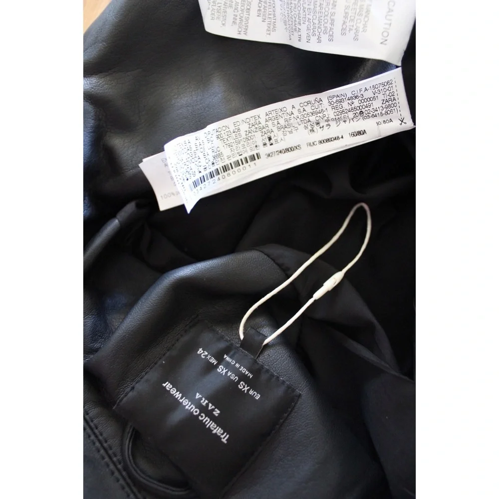 Zara Vegan Leather Edgy Moto Biker Jacket XS Girls Rule Slogan Bloggers Favorite - Picture 16 of 16